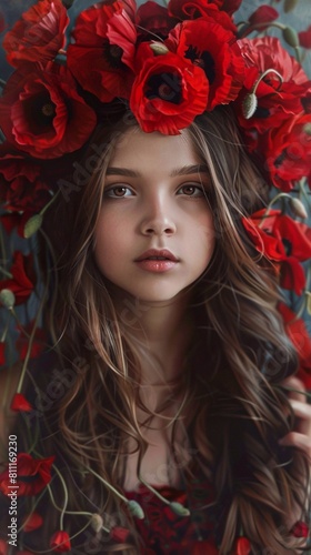 Cute and young beautiful girl with long hair in poppy wreath  vertical photo