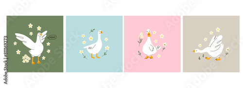 Cute goose. Adorable farm birds in different poses, funny characters and flowers. Childish print and poster, kids textile and nursery decor. Stickers set. Vector cartoon flat isolated illustration