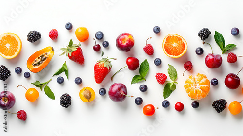 Fresh summer fruit panorama, a flat lay on a white background, vibrant food pattern, overhead shot ,Delicious fresh berry mix on white background