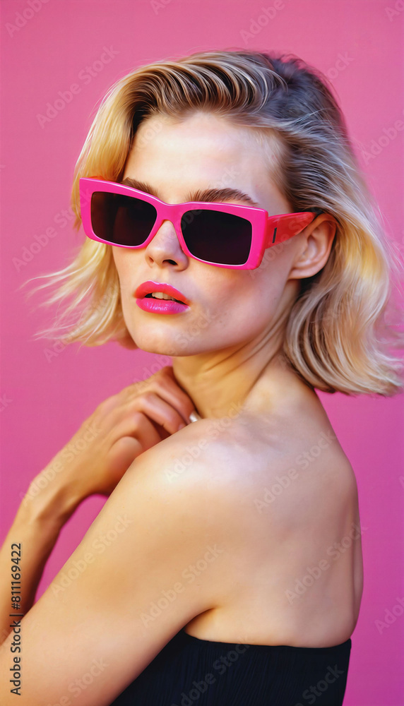 photo of beautiful woman with blonde hair and style sunglasses standing against pink background, generative AI