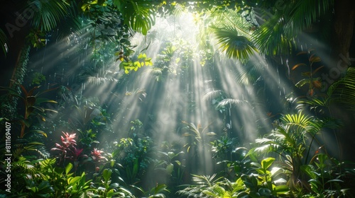 The rainforest after the rain with sunlight penetrating into the forest