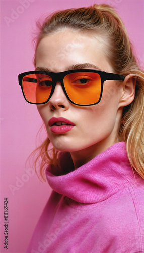 photo of beautiful woman with blonde hair and style sunglasses standing against pink background, generative AI © Flash
