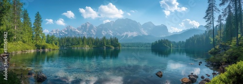 beautiful pure nature place of crystal clear lake with coniferous woodland and mountain as background  summer sunny day  Generative Ai