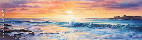 A seascape The warm colors of the sunset sky and the cool colors of the ocean waves create a beautiful and peaceful scene. watercolor painting photo