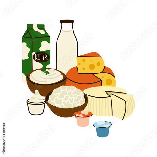 Dairy products set. Milk, kefir and yogurt in cardboard packaging containers, glass bottle. Different cheese, butter and cream. Organic farm healthy food. Vector cartoon flat isolated illustration