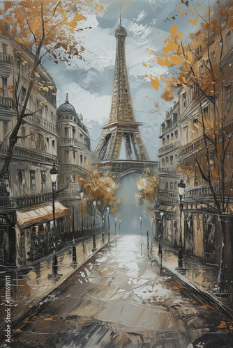 European city illustration, unusual illustration of the Eiffel Tower, unusual background, France, Paris. photo