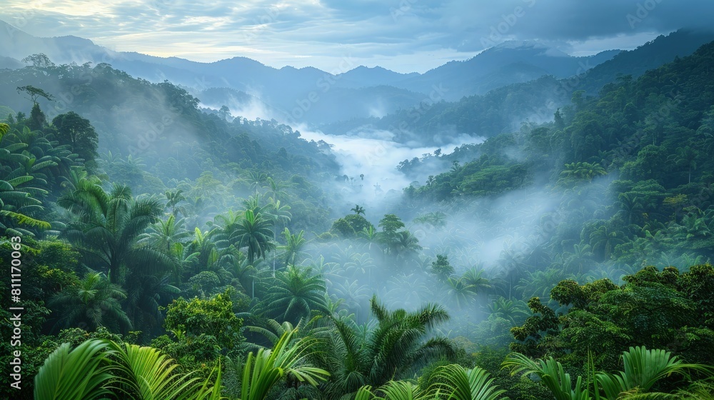 Misty rainforest view in the morning. Misty rainforest view in the morning.