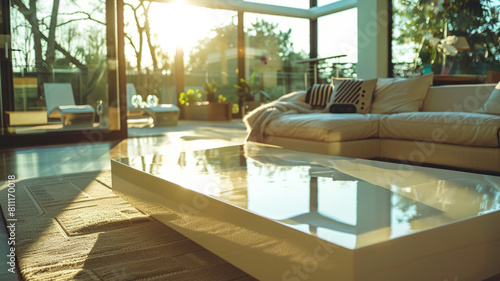A modern living room at sunset