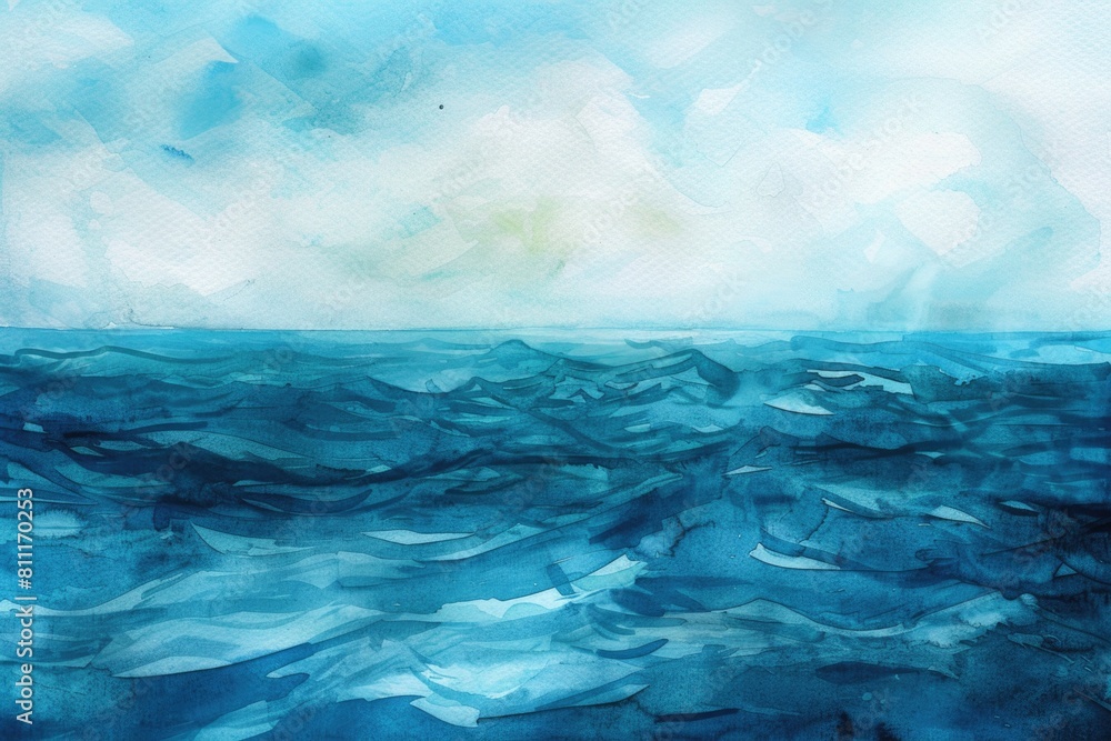 Beautiful painting of a serene blue ocean with gentle waves. Perfect for home decor or travel websites