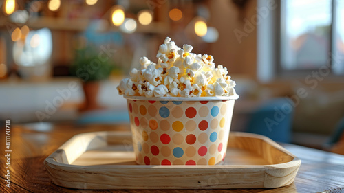 Popcorn in a colorful cup on a tray