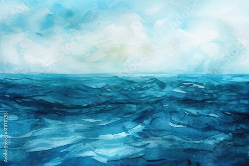 Beautiful painting of a serene blue ocean with gentle waves. Perfect for home decor or travel websites