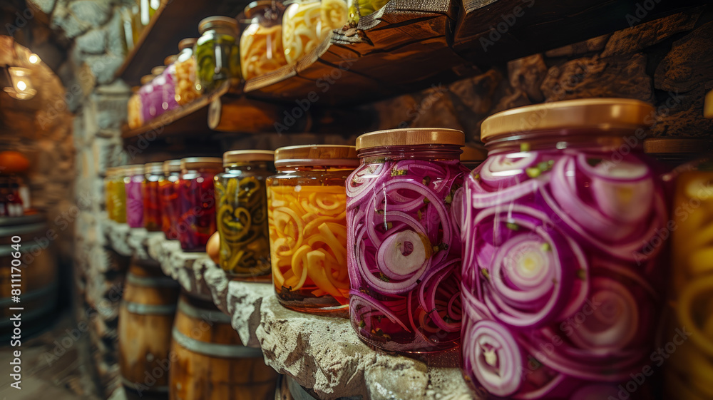 Jars of pickled vegetables on a shelf.