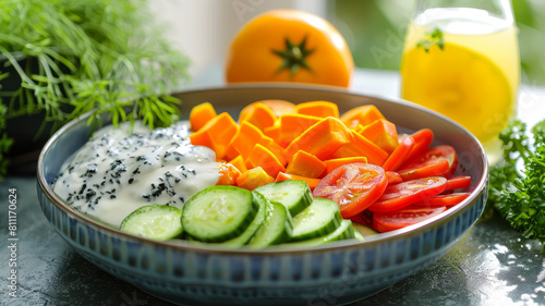 Bowl of fresh vegetable salad with dressing