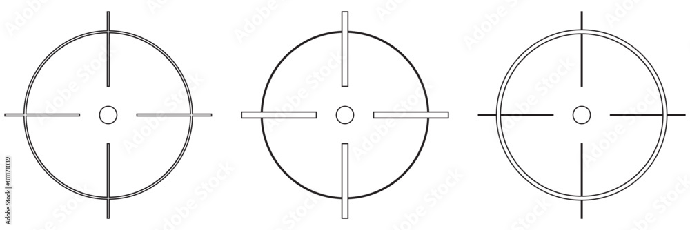 Target destination icon set. Aim sniper shoot group. Focus cursor bull eye mark collection. Vector isolated on white Target destination icon set. Aim sniper shoot group. Focus cursor bull eye mark collection. Vector isolated on white