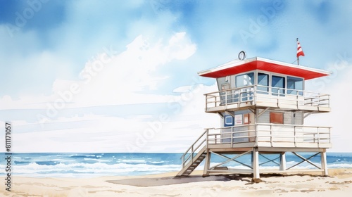 Lifeguard tower on the beach with blue sky and ocean © EmPics