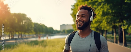 Young African American man during a walk in the summer park to his favorite music. Alone with yourself away from the noise of the big city. photo