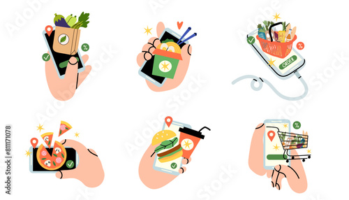 Food delivery. Hand hold smartphone, mobile app screen. Products fast order. Online grocery and cafe or restaurant. Pizza and burger, eco vegetables. Vector cartoon flat isolated illustration © Mariya