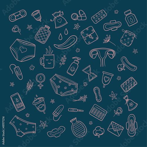 Set of woman's menstruation period icons in doodle. Feminine hygiene products, menstrual protection elements. Isolated vector flat illustration. Isolated vector outline sketch illustration