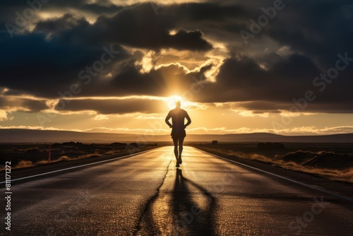 Lonely runner during a running workout. Marathon preparation workout.