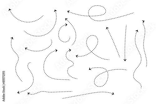 Hand drawn dotted thin line arrows and direction signs set.