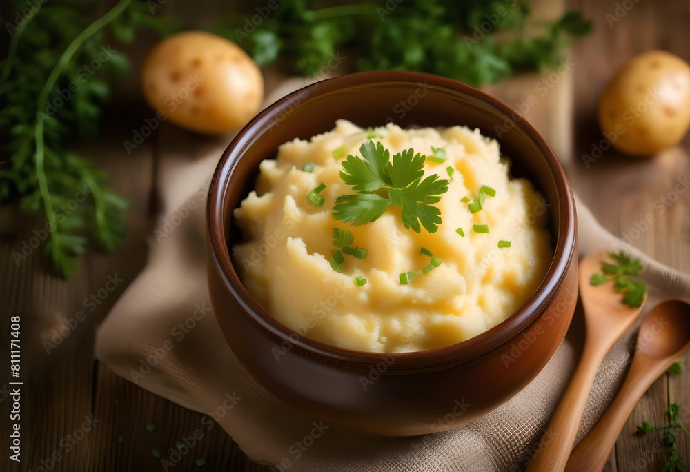 A bowl of mashed potatoes on a wooden table with a rustic background