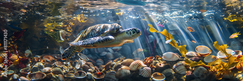 Sea turtle glides over colorful seabed filled with shells, corals and ray of sunlight banner. Panoramic web header. Wide screen wallpaper