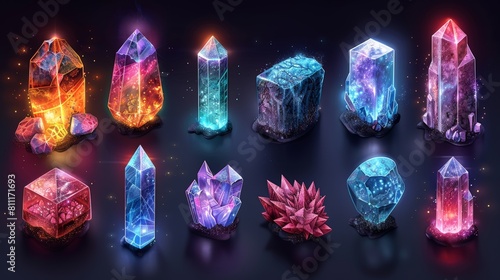 Game design and gaming resources for isometric games with crystals, boxes, and magic elements photo