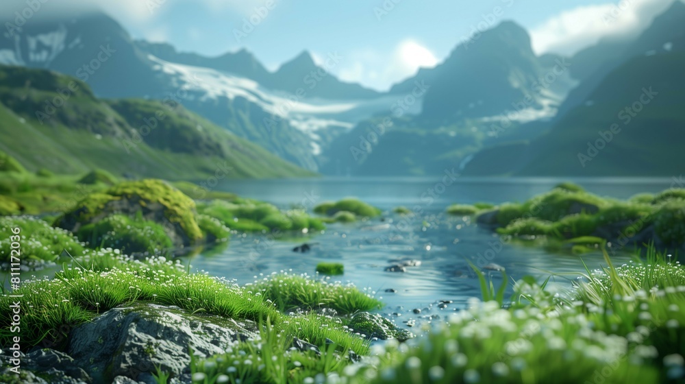 Naklejka premium Lake in mountains,grass on sides of water and green mountain peaks in distance,landscape concept.
