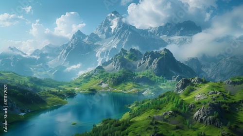 Lake in mountains,grass on sides of water and green mountain peaks in distance,landscape concept.