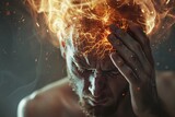 A man holding his head surrounded by flames. Suitable for illustrating stress or burnout concepts