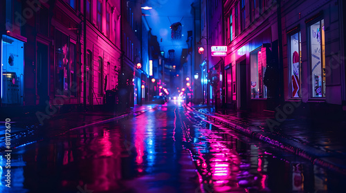 Sweeden street after rain, neon lights.