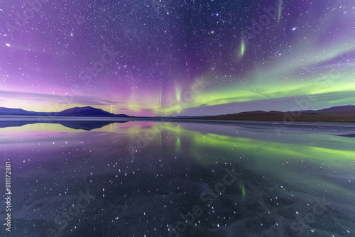 Violet and green aurora shine in the night sky, reflections in calm water, Very twisty aurora fills the sky