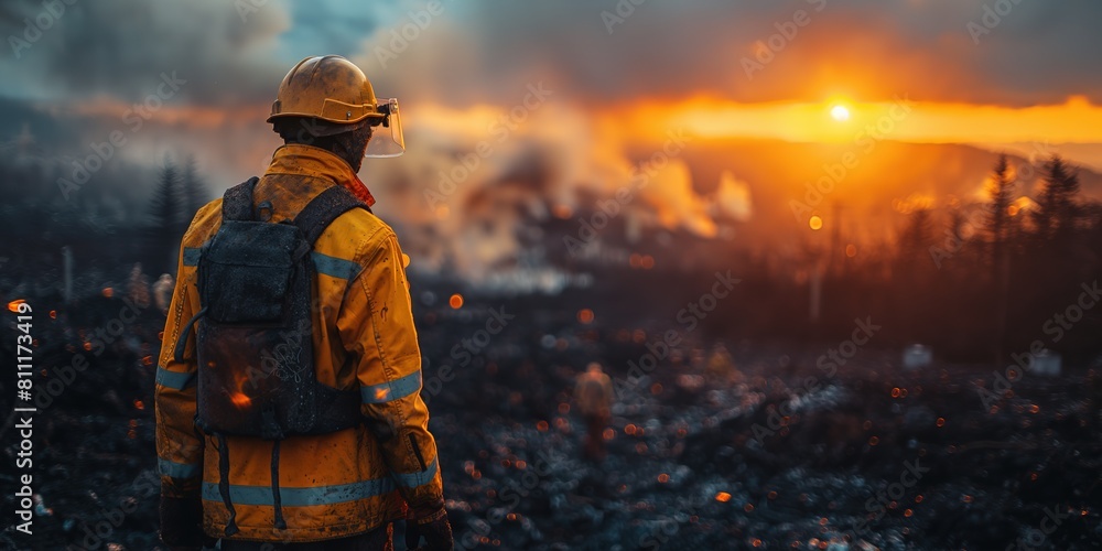 firefighter rescue team in forest with flame burning behind, wildfire rescue team, Generative Ai firefighter rescue team in forest with flame burning behind, wildfire rescue team, Generative Ai