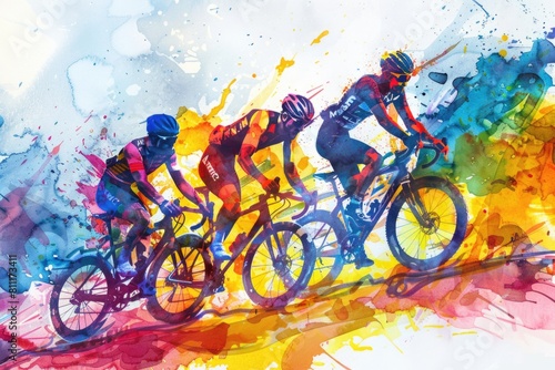 A painting of a group of people riding bikes. Suitable for outdoor and sports-related themes