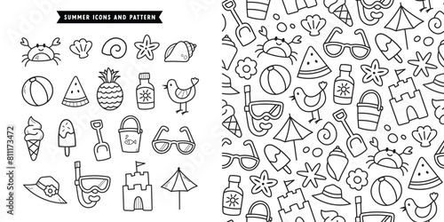 Cute fun summer line art beach trip vacation holiday black and white vector icons and seamless pattern
