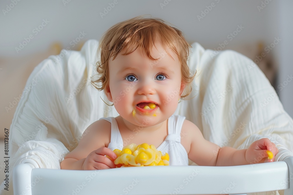 happy baby boy sitting and eating