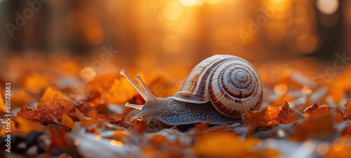 snail move on ground covered with autumn red leaves on ground, slow life theme, Generative Ai photo