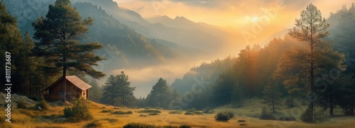 small hut in nature landscape forest mountain with misty morning fog, Generative Ai