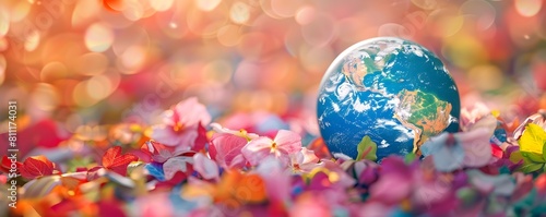 A Floating Globe Amid a Colorful Floral Tapestry Symbolizing the Interconnected Web of Life on Earth and the Importance of Environmental Stewardship