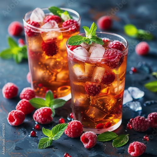 iced tea with raspberries in a transparent glass. ai generated