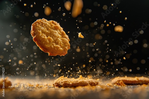 Close-Up Crunch: Biscuit Bits in Mid-Air photo