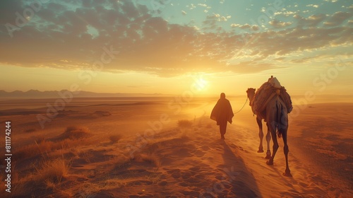 A lone man crosses the vast desert on a camel