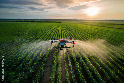 Agriculture drone flies to sprayed fertilizer on the potato fields wallpaper. Smart agricultural technology concept.