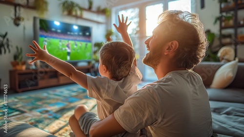 father and a young son watching a football match on TV, completely immersed in the atmosphere of the game and raising their hands high in the air during the decisive moment photo