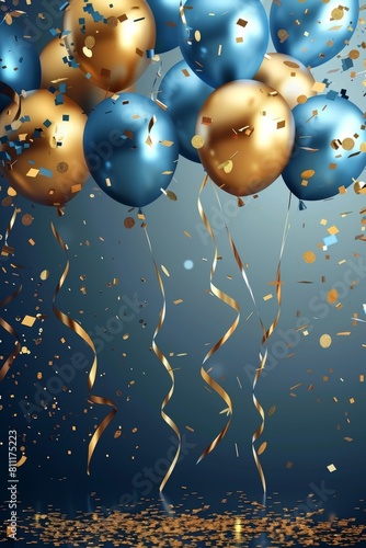 A festive celebration with golden and blue balloons amidst sparkling confetti and streamers