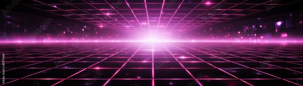 A glowing pink grid stretches into the distance. A glowing pink grid stretches into the distance.
