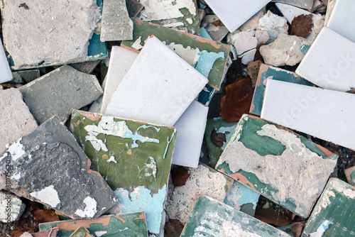 Old ceramic broken tiles. Close-up.