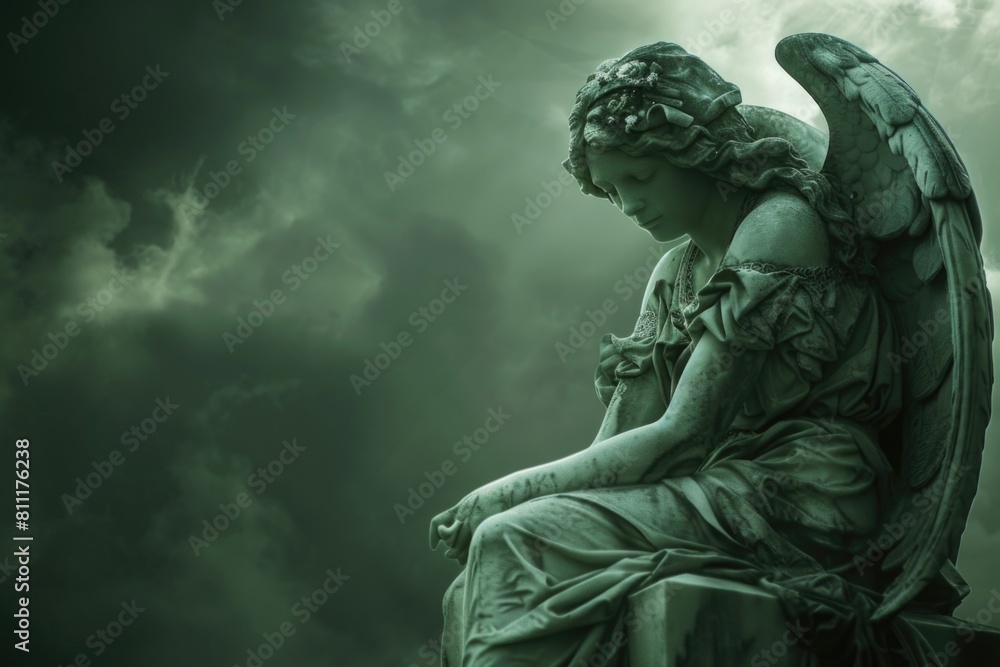 A serene angel statue sitting on a bench, suitable for various concepts A serene angel statue sitting on a bench, suitable for various concepts
