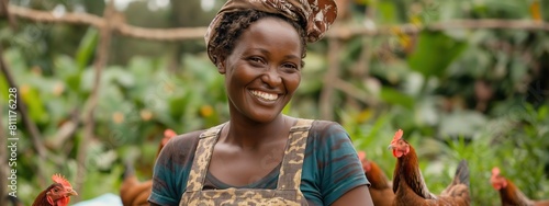 happy African woman smiling with her chicken farm, home farming sustainable lifestyle concept, Generative Ai photo