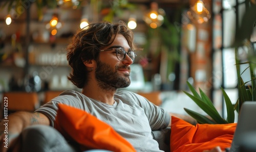 A young man with tousled hair and glasses for lifestyle magazines, articles about work-life balance, mental health blogs, cafe promotions, and any content emphasizing relaxation and enjoyment  photo